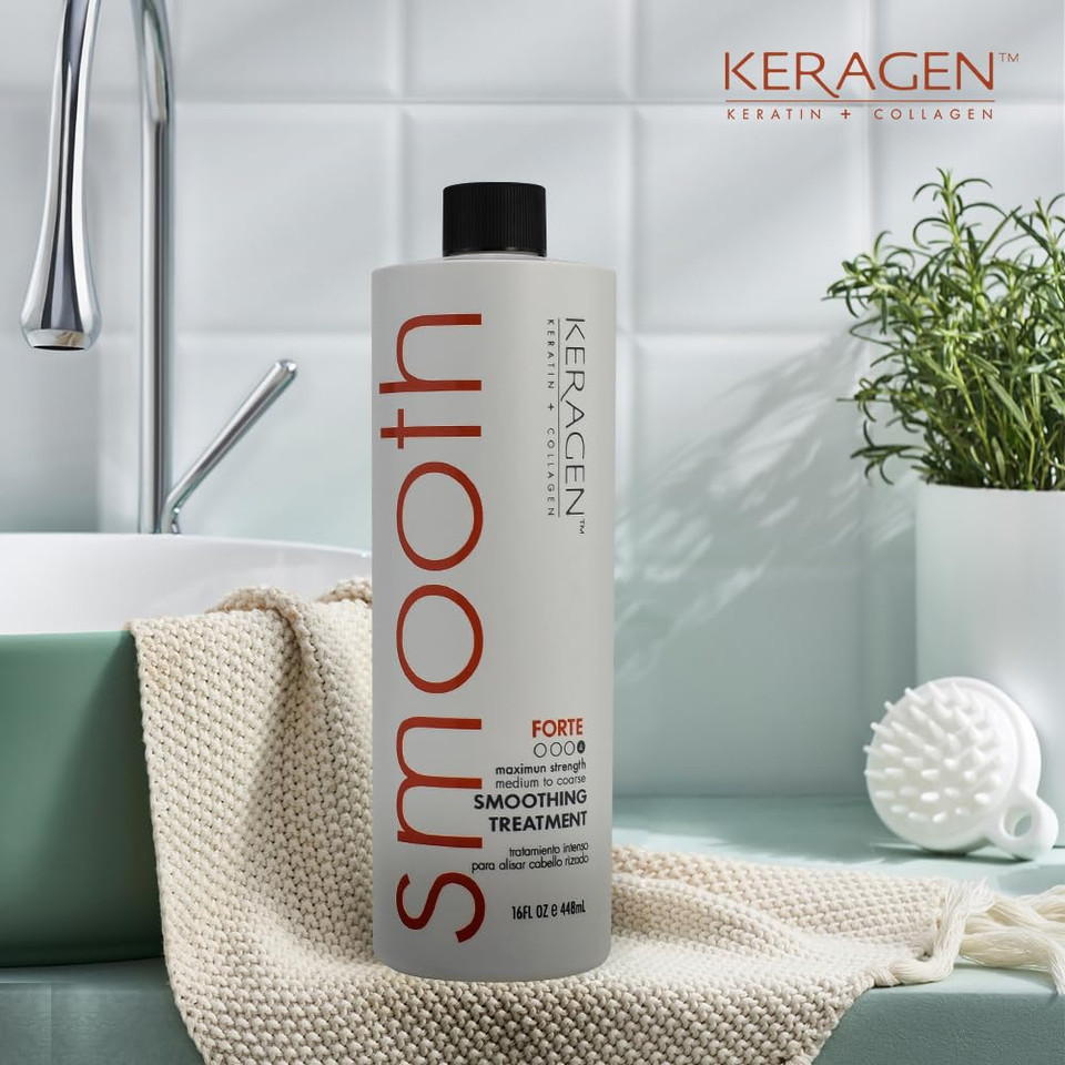 Keragen - Brazilian Keratin Smoothing Treatment, Blowout Straightening System For Dry And Damaged Hair - Forte, Sulfate Free - Eliminates Curls And Frizz, Medium To Coarse Hair (16 Oz)