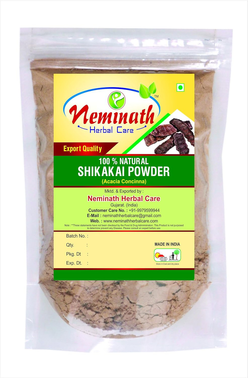 Neminath Herbal Care Shikakai Pods (Acacia Concinna) Powder For Gorgeous Hairs Naturally (0.22 Lb / 100 Grams)100G