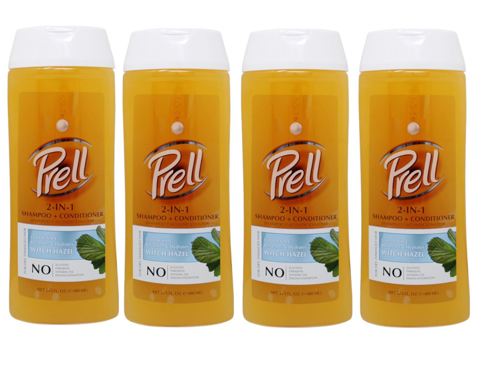 Prell Witch Hazel Color Safe Refreshes & Hydrates 2-In-1 Shampoo + Conditioner For Dry, Damaged Hair, 13.5 Fl.Oz, 4 Pack
