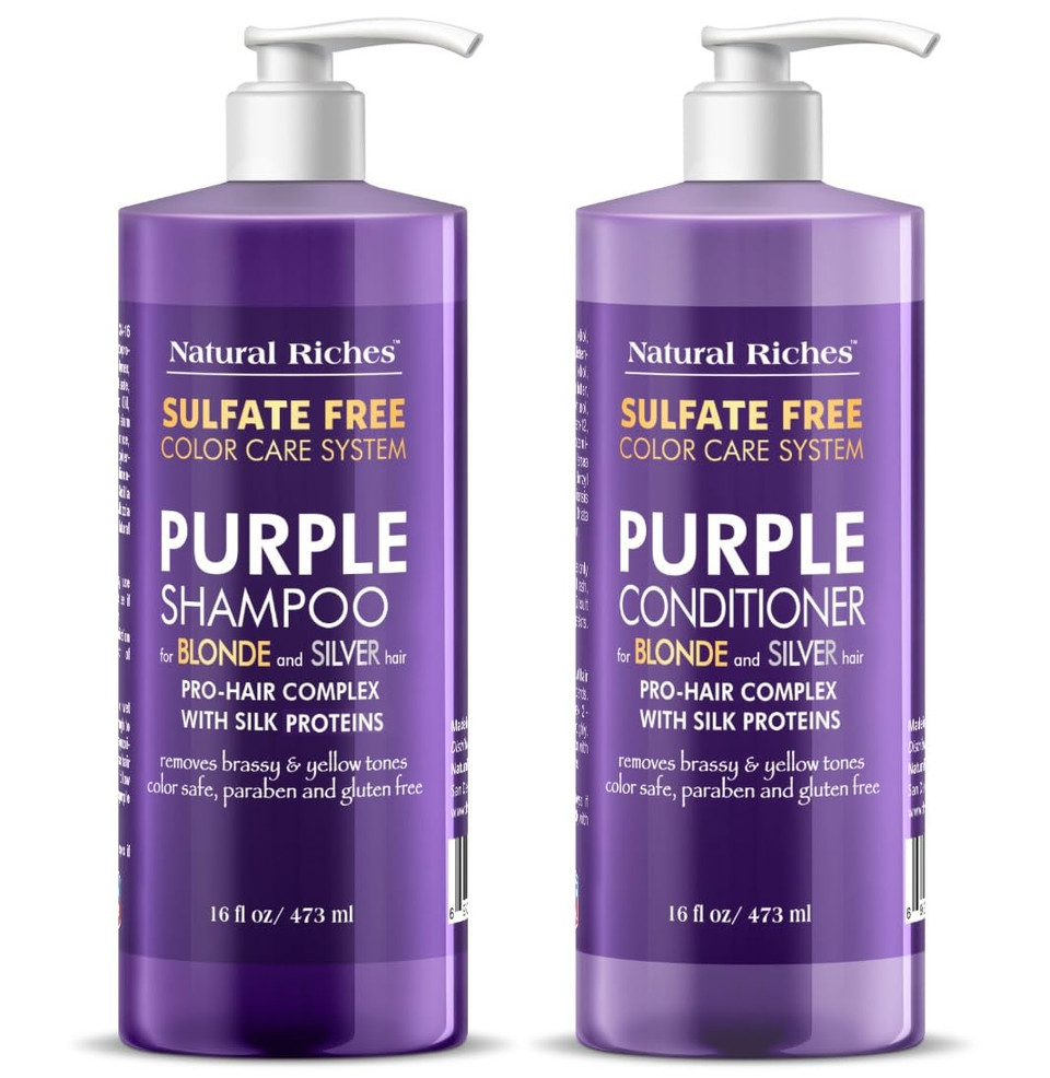 Natural Riches Purple Shampoo And Conditioner Set Sulfate Free Salon Grade For Silver Blonde Platinum Hair. Removes Yellow & Brass Tones. Grey Highlighted Hair 16X2 Fl Oz