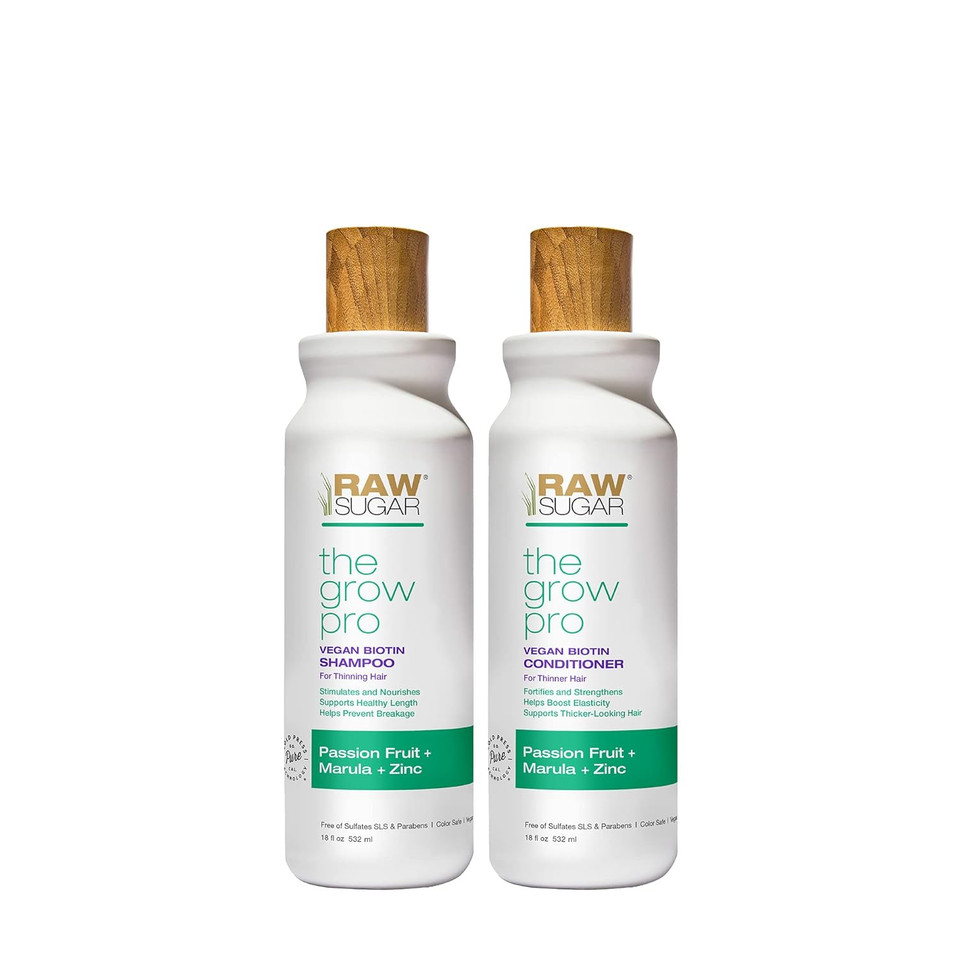Raw Sugar Grow Pro Hair Care Bundle- Shampoo & Conditioner With Vegan Biotin For Anti-Thinning & Pro-Lengthening, Passion Fruit & Marula For Fuller Hair, Formulated Without Sulfates + Parabens