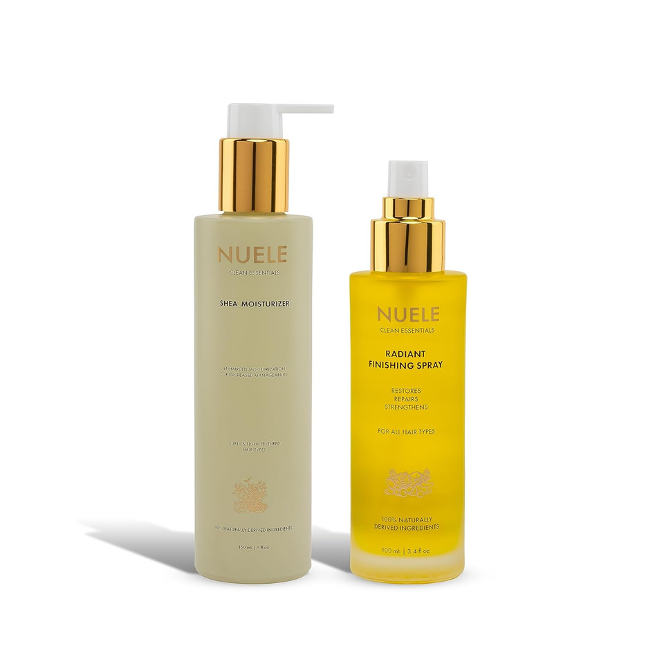 Nuele Clean Essentials Restoring Bundle - 5 Fl Oz Shea Moisturizer And 3.4 Fl Oz Radiant Finishing Spray - For All Hair Types - 100% Naturally Derived Ingredients