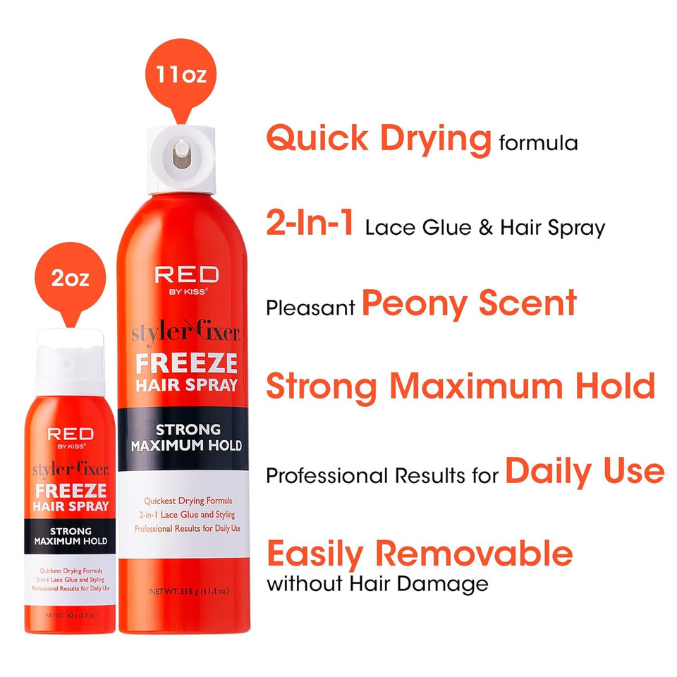 Red By Kiss Styler Fixer Freeze Hair Spray Strong Maximum Hold 2-In-1 Lace Glue And Styling 2Oz