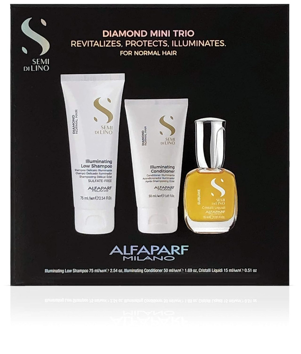 Alfaparf Milano Semi Di Lino Cristalli Liquidi And Travel Size Diamond Sulfate Free Shampoo And Conditioner For Color Treated Hair - Adds Shine And Softness - 15Ml Hair Oil Serum