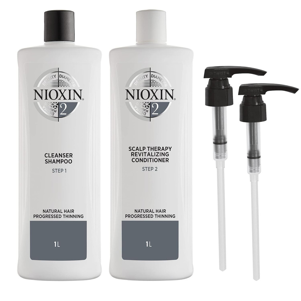 Nioxin System 2 Shampoo & Conditioner Prepack, Natural Treated Hair With Progressed Thinning, Pumps Included, 33.8 Fl Oz
