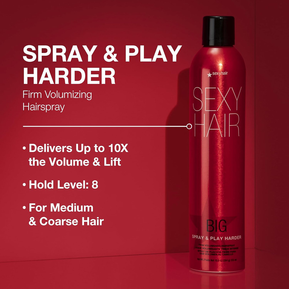 Sexyhair Big Spray & Play Harder Firm Volumizing Hairspray | All Day Hold And Shine | Up To 72 Hour Humidity Resistance
