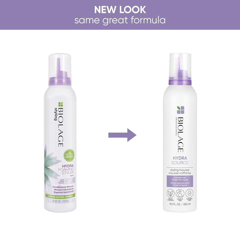 Biolage Hydra Source Styling Mousse | Provides Body & Natural Movement | Medium Hold | For Dry Hair | Paraben-Free | Vegan | 8.5 Fl. Oz