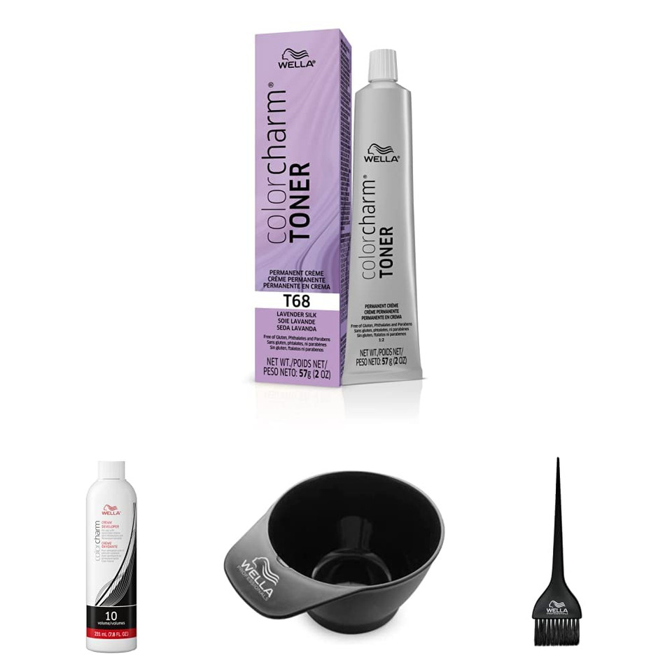Wella Colorcharm Hair Dye & Coloring Kit, T68 Crã£Â¨Me Toner + 10 Vol Cream Developer With Color Mixing Brush & Bowl For Mixing And Application, Great For Professional Or At Home Diy Use, 4Pc Set