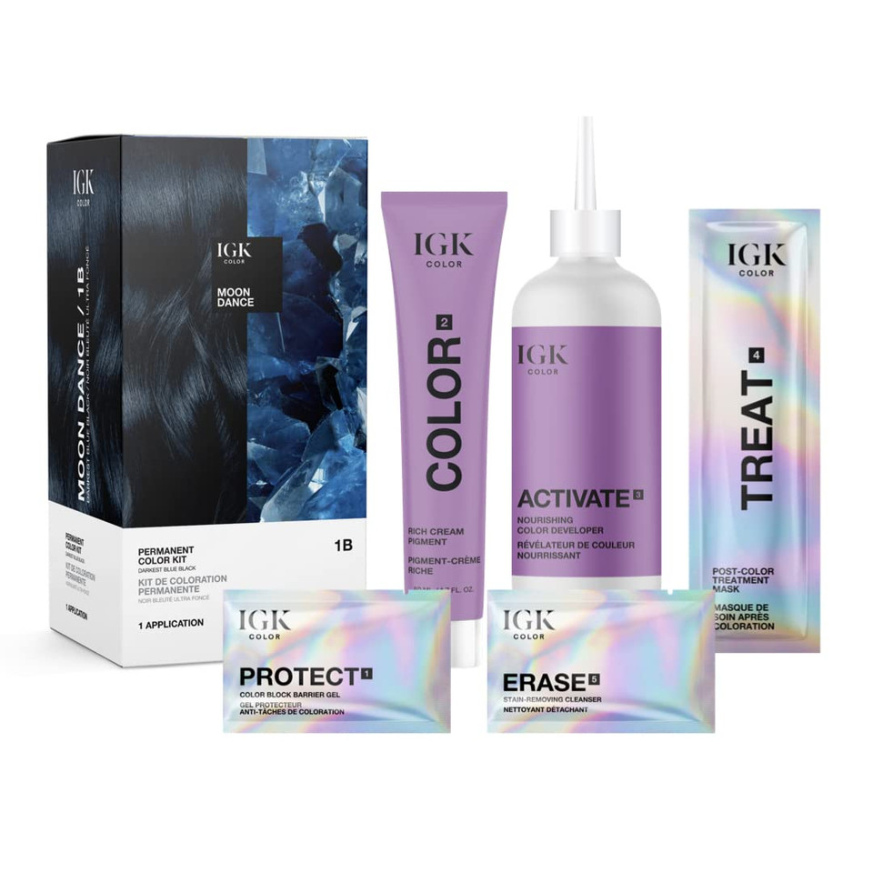Igk Permanent Color Kit | Easy Application + Strengthen + Shine | Vegan + Cruelty Free + Ammonia Free | Bright Fantasy Color Shadesmoon Dance (Darkest Blue Black 1B)