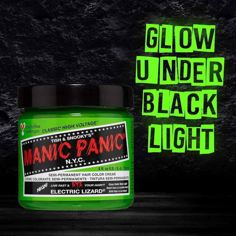Manic Panic Electric Lizard Green Hair Dye  Classic High Voltage - Semi Permanent Bright Neon Green Hair Dye With Lime Green Hues  Glows In Blacklight - Vegan, Ppd And Ammonia Free (4Oz)Green