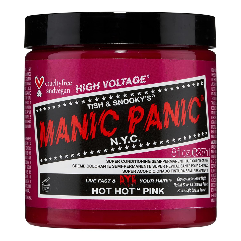 Manic Panic Hot Hot Pink Hair Dye  Classic High Voltage - Semi Permanent Hair Color - Medium Pink Shade - Glows In Blacklight  For Dark & Light Hair - Vegan, Ppd & Ammonia Free 8Oz