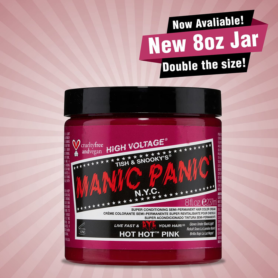 Manic Panic Hot Hot Pink Hair Dye  Classic High Voltage - Semi Permanent Hair Color - Medium Pink Shade - Glows In Blacklight  For Dark & Light Hair - Vegan, Ppd & Ammonia Free 8Oz
