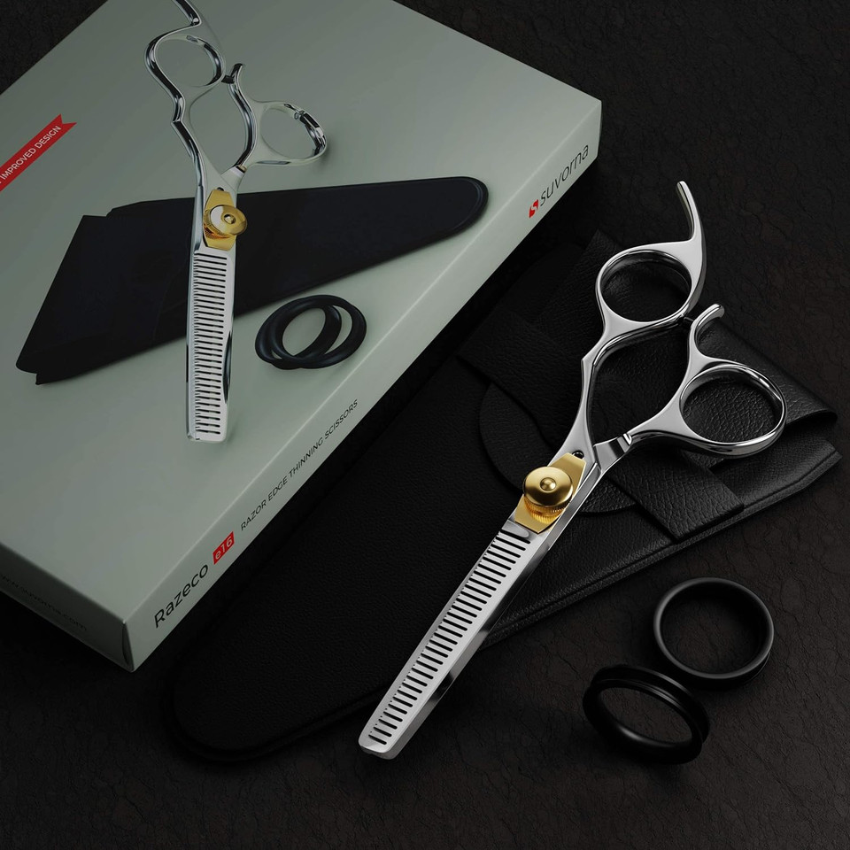 Suvorna 6.5 Barber Thinning Shears For Hair Cutting, Trimming & Styling. Precision 30 Teeth Razor Sharp Edge. Texturizing, Layering, Blending Scissors For Bangs. Best For Salons & Home Use