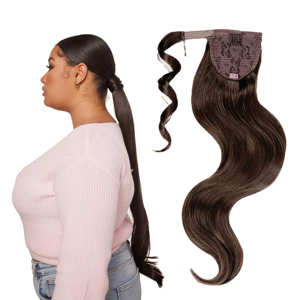 Inh Hair Brit Ponytail Extension 26 Inch Clip In Wrap Around Pony Tail Hairpiece For Women | Long Soft Waves Synthetic Clip On Faux Piece | Dark Browndark Brown