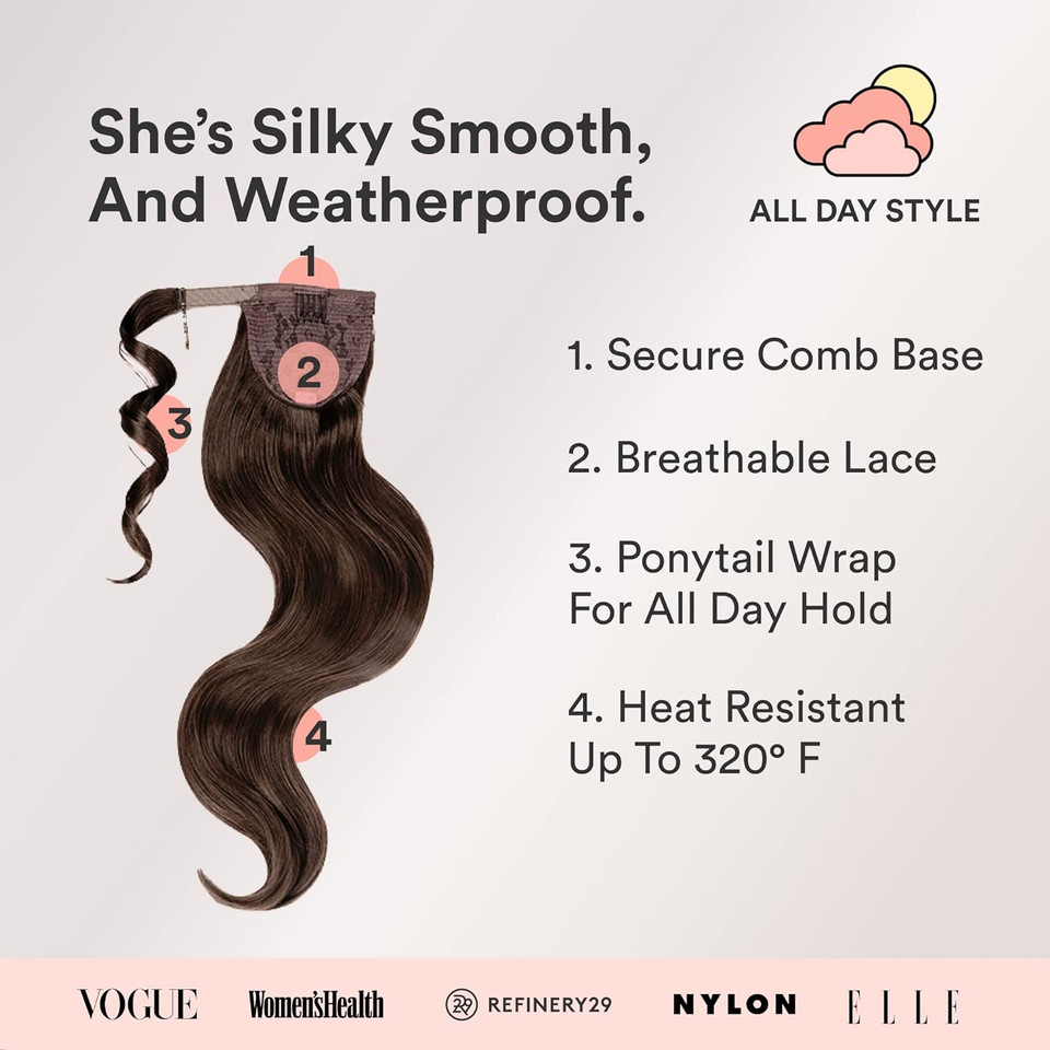 Inh Hair Brit Ponytail Extension 26 Inch Clip In Wrap Around Pony Tail Hairpiece For Women | Long Soft Waves Synthetic Clip On Faux Piece | Dark Browndark Brown