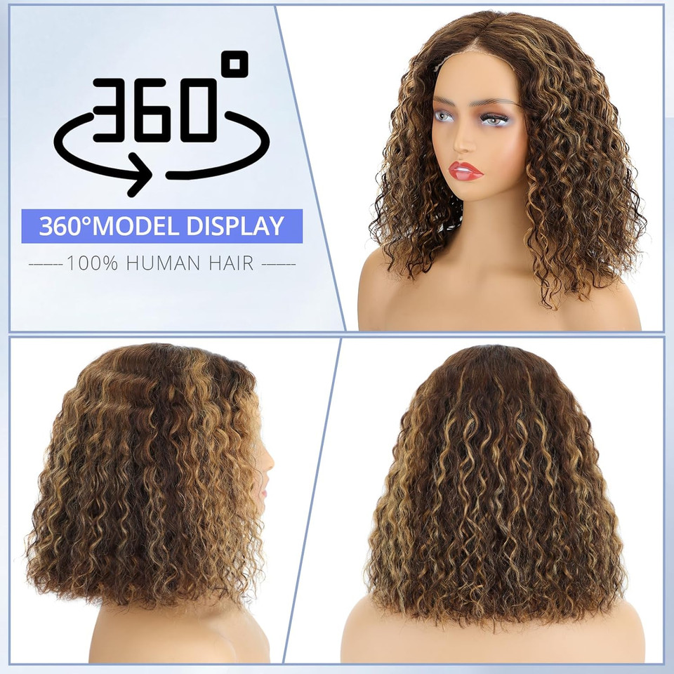 Eyefanniy Wear And Go Glueless Wig Human Hair 4/27 Highlight Curly Bob Lace Closure Wigs Pre Cut 4X4 Hd Lace Water Wave Wig For Black Women 180% Density 12 Inchhighlight12 Inch