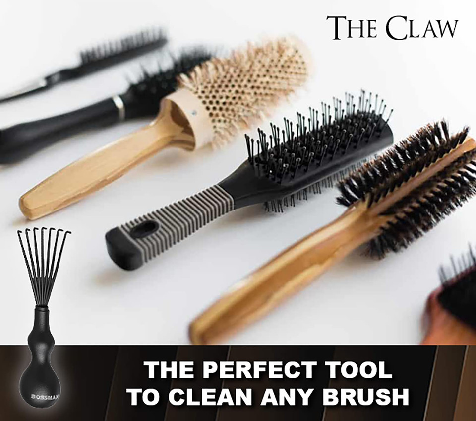 Bossman The Claw Round Hair Brush Cleaner Tool 3 Inch - Cleans Boar Bristle, Wave Or Plastic Brushes And Combs - Black Hairbrush Cleaning Rake - Cat Brush & Dog Brush Cleaner