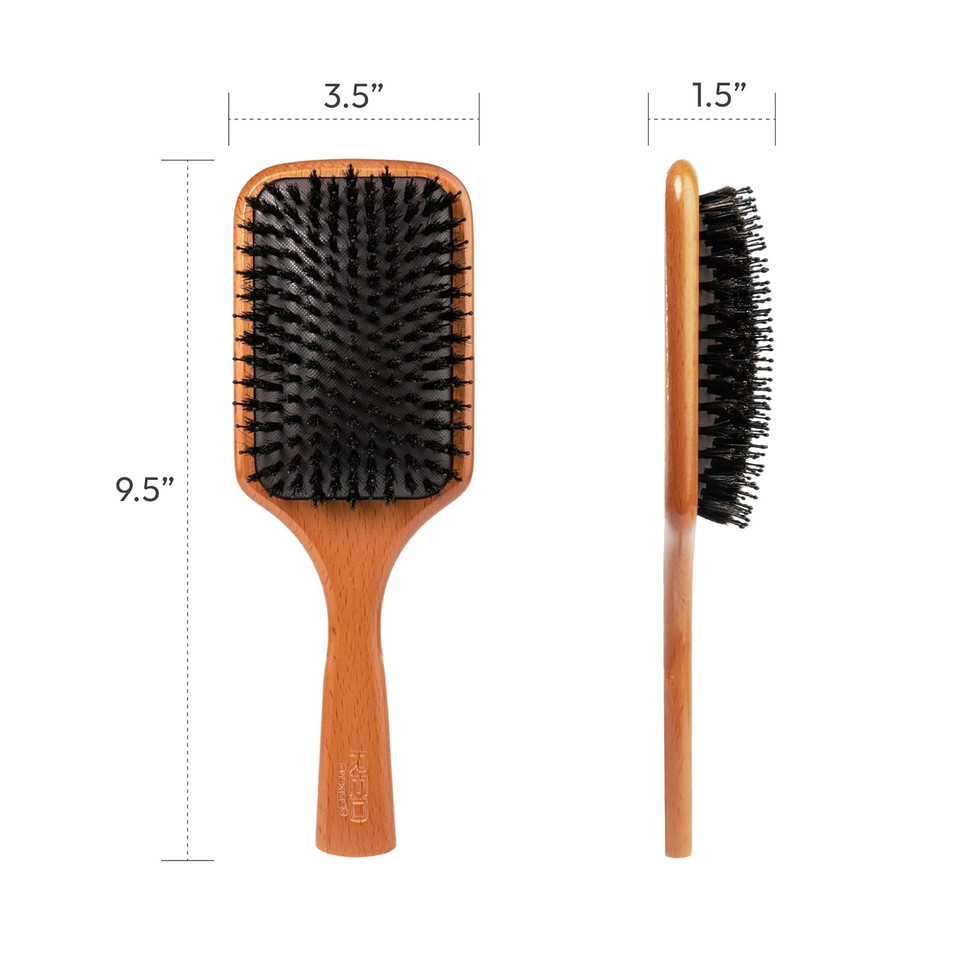 Red Premium 100% Evergreen Wooden Paddle Brush, Detangling Hair Brush, Long Bristles Beech-Wood Brush For Thick Curly Thin Long Short Wet Dry Hair, Long Lasting Shine (Square Boar Paddle)