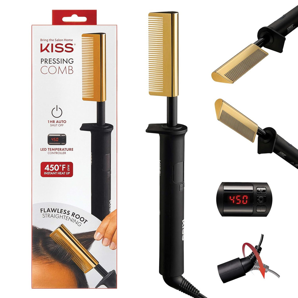 Kiss Professional Pressing Comb With Polished Gold Smoothing Comb, Safety Stand, Digital Led Temperature Display, & Tangle Free 360° Swivel Cord