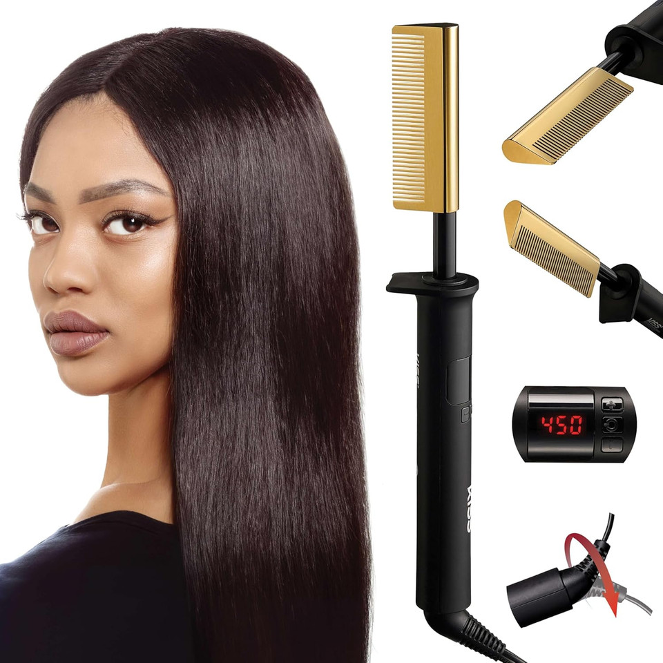 Kiss Professional Pressing Comb With Polished Gold Smoothing Comb, Safety Stand, Digital Led Temperature Display, & Tangle Free 360° Swivel Cord