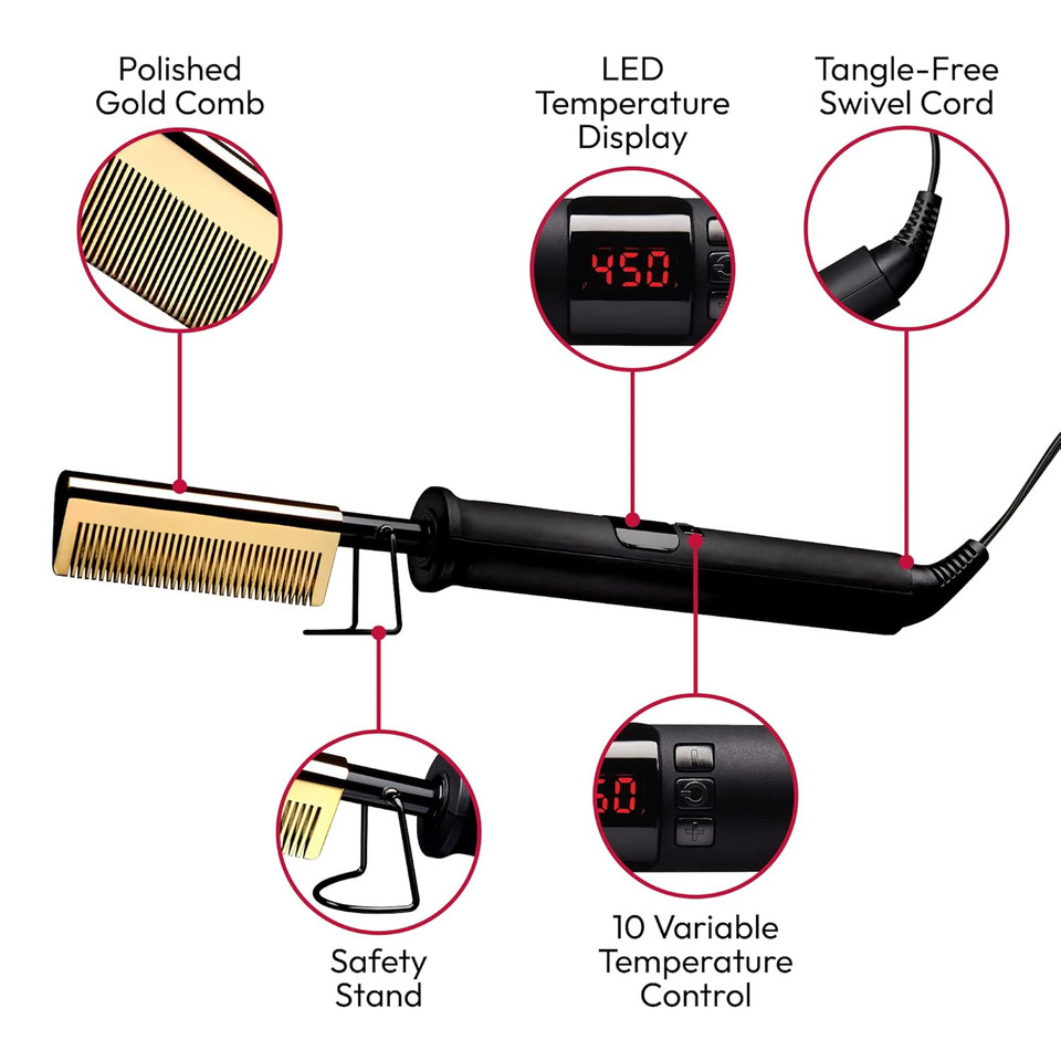 Red By Kiss Hot Comb Hair Straightener 450 Degrees, Straight Teeth Electric Heating Comb, Pressing Comb Brush For Straightening Hair And Beard, Curling Iron For Natural Black Hair