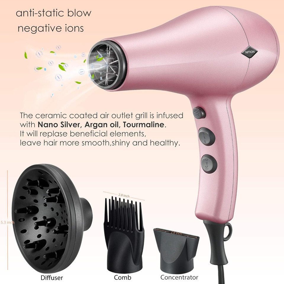 Nition Negative Ions Ceramic Hair Dryer With Diffuser Attachment,Ionic Blow Dryer Quick Drying,1875 Watt 2 Speed / 3 Heat Settings,Cool Shot Button,Lightweight,Rose Pinkpink