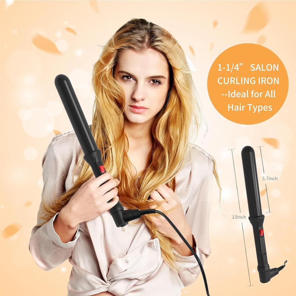 Micsta Negative Ions Curling Iron Long Barrel Ceramic Coated, Dual Voltage Curling Wand Quick Heating, Beach Wave Hair Curler Fast Styling For Long Hair, With Glove And Mat, Black1-1/4 Christmas Gift