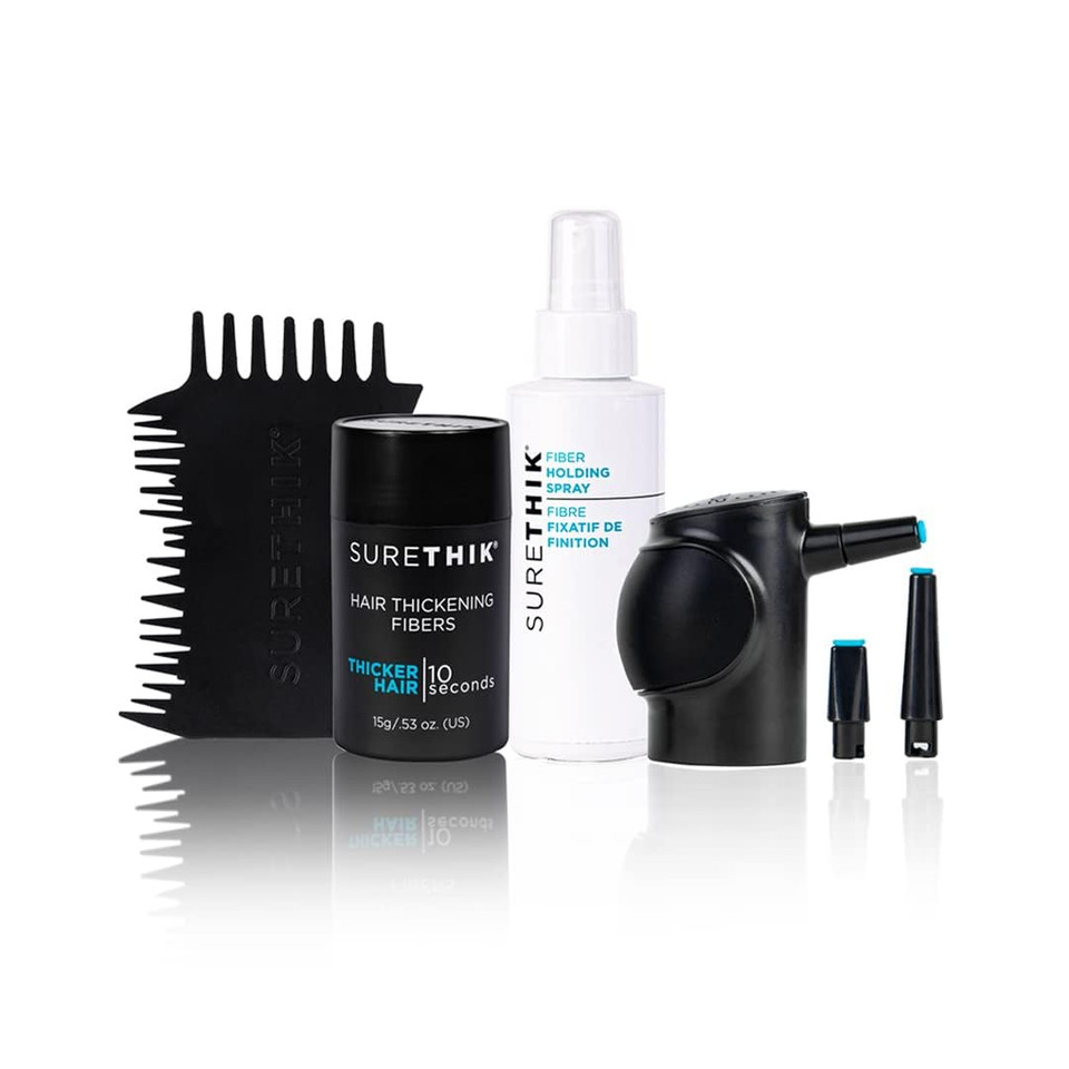 Surethik Starter Kit With Application Tools, Comes With 15G Hair Fiber (Black), Fiber Holding Spray, Pump Applicator And Hairline Tool, 4 Piece Set