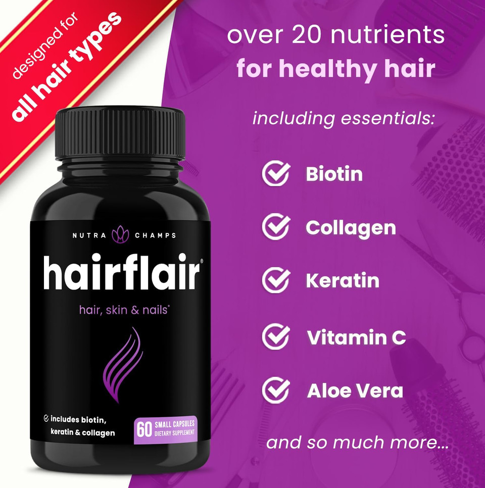 Nutrachamps Hairflair | Hair Health Vitamins For Women | Biotin Vitamins For Hair Skin & Nails | Hair Health Supplement For All Hair Types With Biotin, Keratin, Collagen, Bamboo, Aloe & More