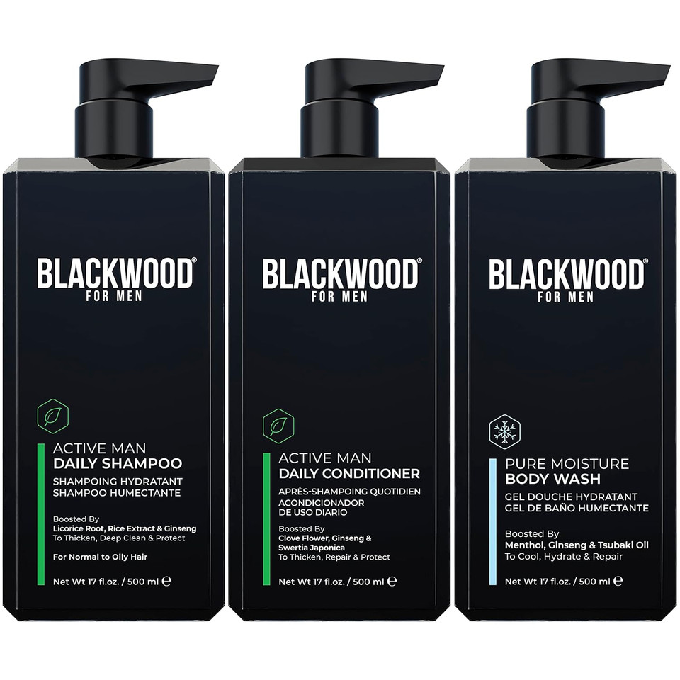 Blackwood For Men Active Man Daily Shampoo (17 Oz), Conditioner (17 Oz), And Pure Moisture Body Wash (17 Oz) Bundle