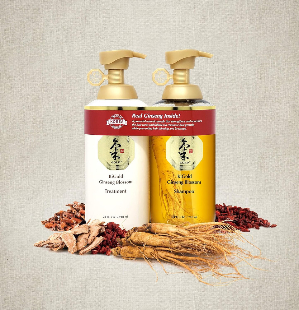 Daeng Gi Meo Ri - Ki Gold Ginseng Blossom Shampoo & Treatment Set, Real Ginseng Inside, Herbal Shampoo, Hair Growth, Preventing Hair Loss, 710Ml Each