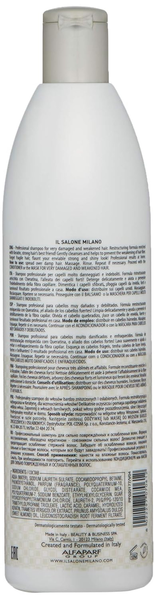 Il Salone Milano Professional Keratin Shampoo For Very Damaged Hair - Reconstruction, Strengthen And Repair - Premium Quality - 16.91 Fl. Oz / 500Ml
