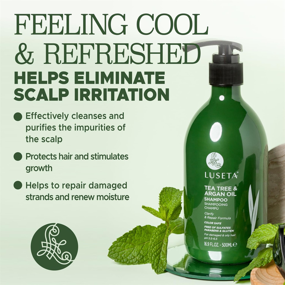 Luseta Tea Tree Shampoo With Argan Oil 16.9 Fl Oz- Clarifying,Hydrating And Fighting Dandruff And Itchy Scalp - For Damaged And Oil Hair - Sulfate And Paraben Free For Men And Women