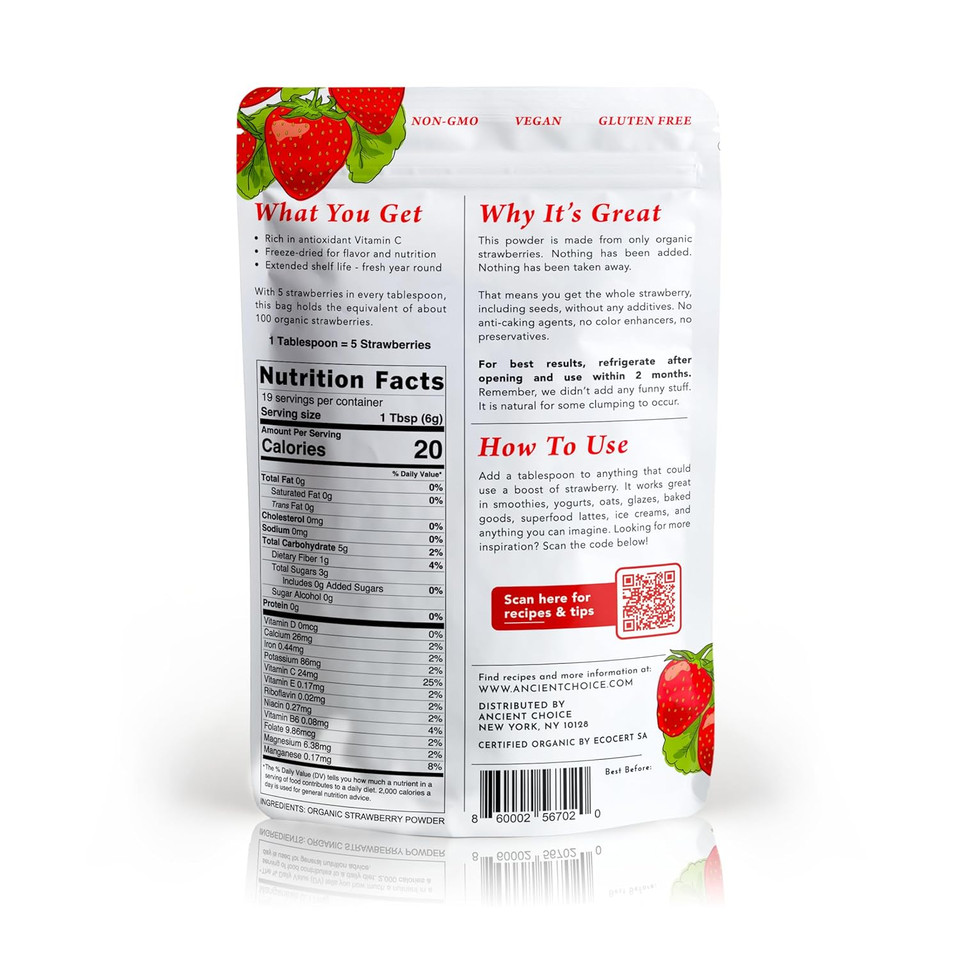 Ancient Choice - Strawberry Powder (4 Ounces) | Usda Organic | Freeze Dried | Non-Gmo | Milk | Baking | Hiking | Vegan Superfood | Vegetarian | Smoothie | Fiber | Prebiotic | Prepping | Keto | Paleo