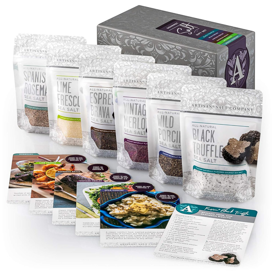 Saltworks Artisan Gourmet Salt Gift Set, Featuring Black Truffle, Espresso, Lime, Rosemary, Merlot And Porcini, Box Of 6 Recipe Cards & Salts