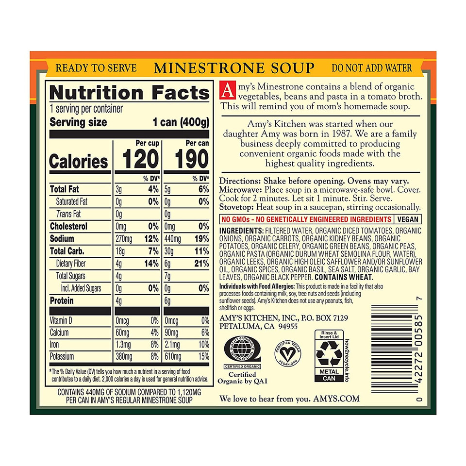 Amyã¢ÂS Soup, Vegan Minestrone, Light In Sodium, Made With Organic Vegetables, Beans And Pasta In Tomato Broth, Canned Soup, 14.1 Oz (12 Pack)