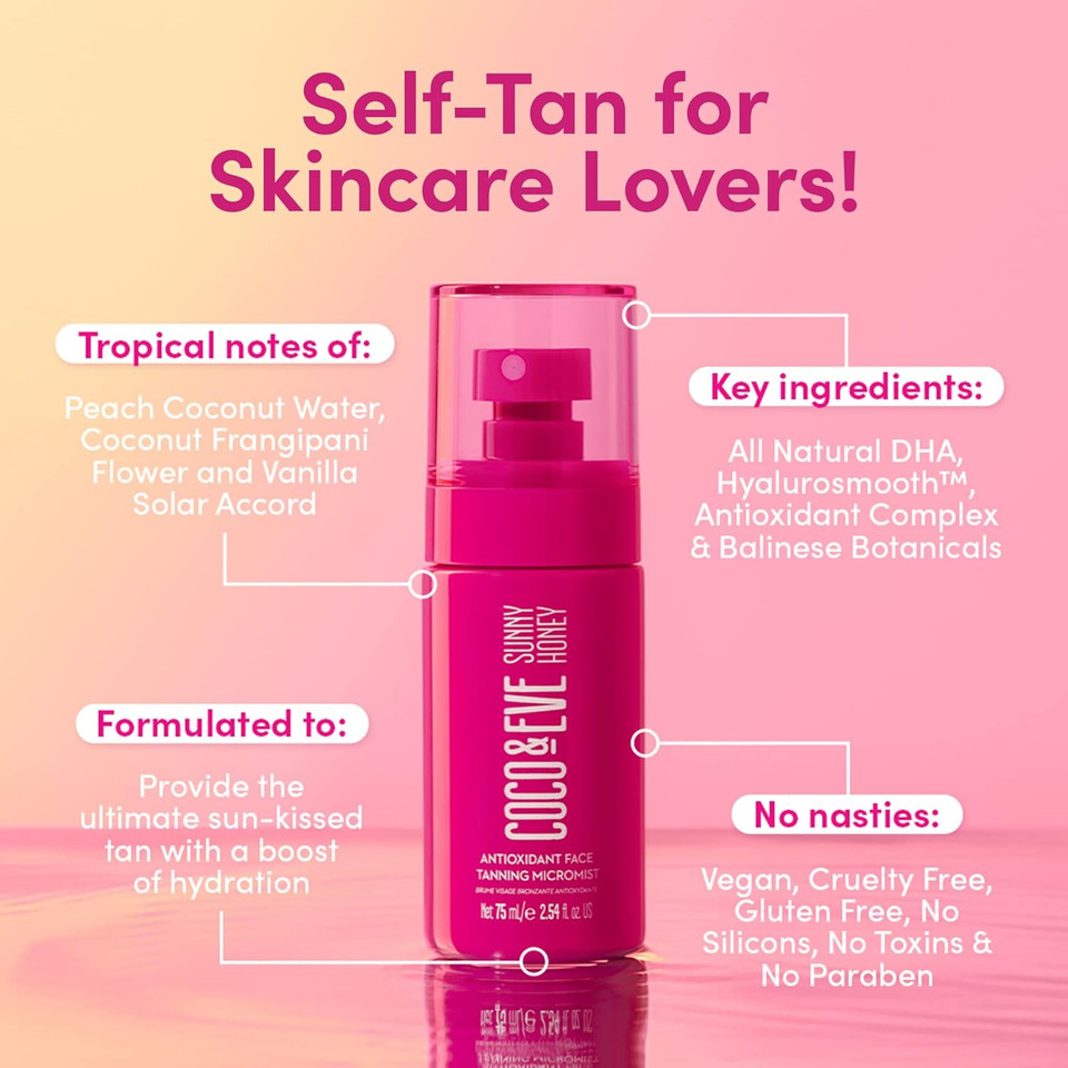 Coco & Eve Antioxidant Face Tanning Micromist. Sunless Self Tanning Face Mist With Antioxidants To Boost Hydration. Quick, Flawless, Streak Free Face Tan. (2.54 Fl Oz) / (75Ml)