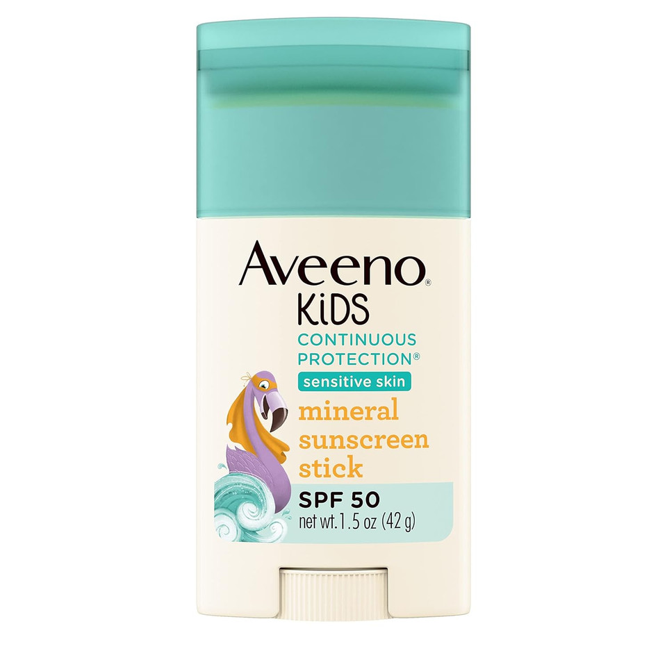 Aveeno Kids Continuous Protection Zinc Oxide Mineral Sunscreen Stick for Sensitive Skin, Face & Body Sunscreen Stick for Kids with Broad Spectrum SPF 50, Sweat- & Water-Resistant, 1.5 oz