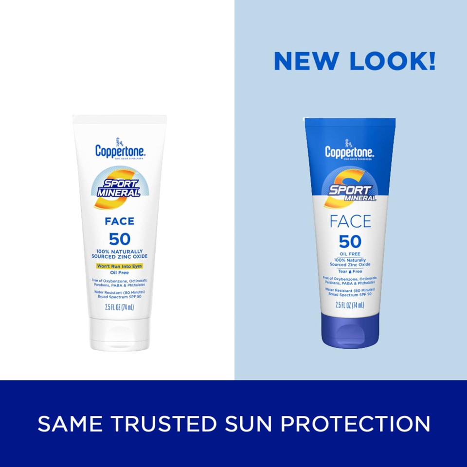 Coppertone Sport Sunscreen For Face, Zinc Oxide Mineral Face Sunscreen Spf 50, Oil Free Sunscreen, Travel Size Sunscreen, 2.5 Fl Oz Tube