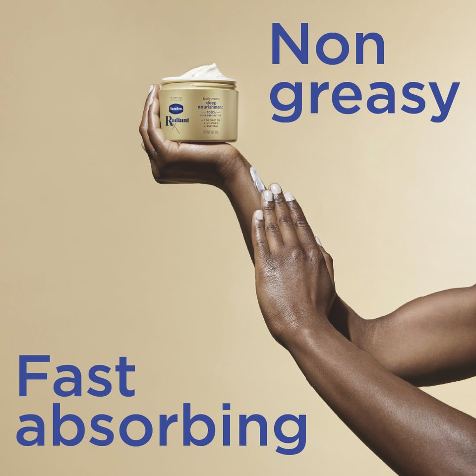 Vaseline Radiant X Deep Nourishment Body Cream 100% Pure Shea Butter, Coconut Oil, Vitamin C, & Peptides 10 Oz
