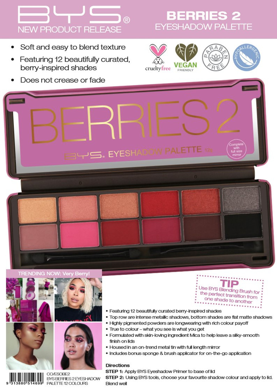 Bys Berries 2 Eyeshadow Palette, 12 Color Collection In Tin Kit With Mirror - Highly Pigmented Matte & Metallic Shadesberries 2