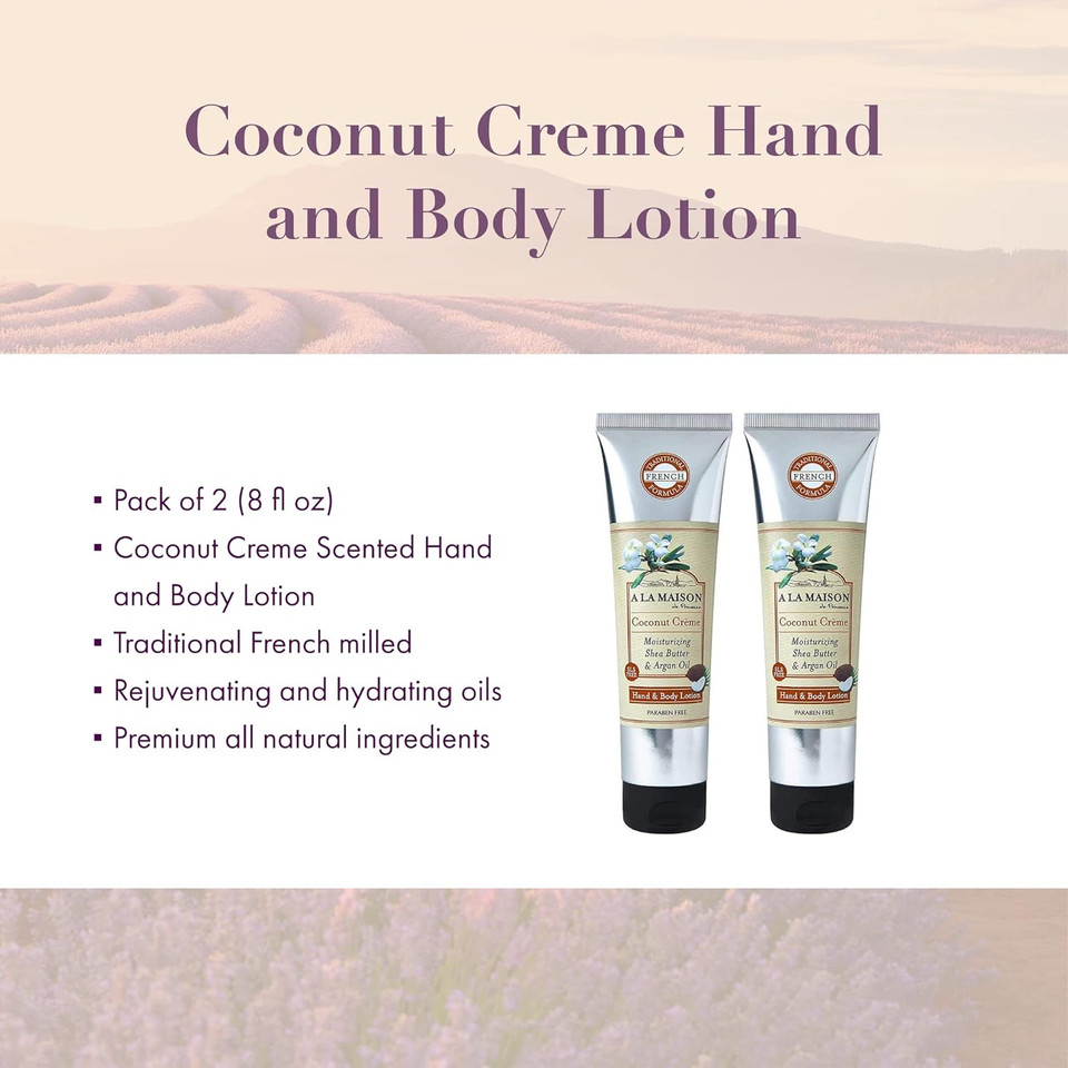 A La Maison Moisturizing Lotion, Coconut Creme - Uses: Hand And Body, Argan Oil, Pure Shea Butter, Essential Oils, Plant Based, Cruelty-Free, Sls And Paraben Free (8 Oz, 2 Pack)