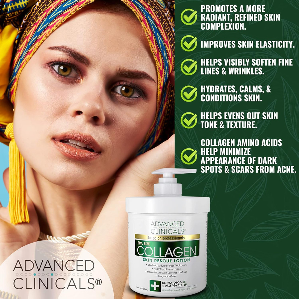 Advanced Clinicals Collagen Cream Moisturizer Body Lotion & Face Cream | Dry Skin Rescue Collagen Lotion | Skin Tightening Cream | Skin Firming + Tightening Lotion | Body Skin Care Products, 16 Ouncecollagen Body Cream16 Ounce (Pack Of 1)