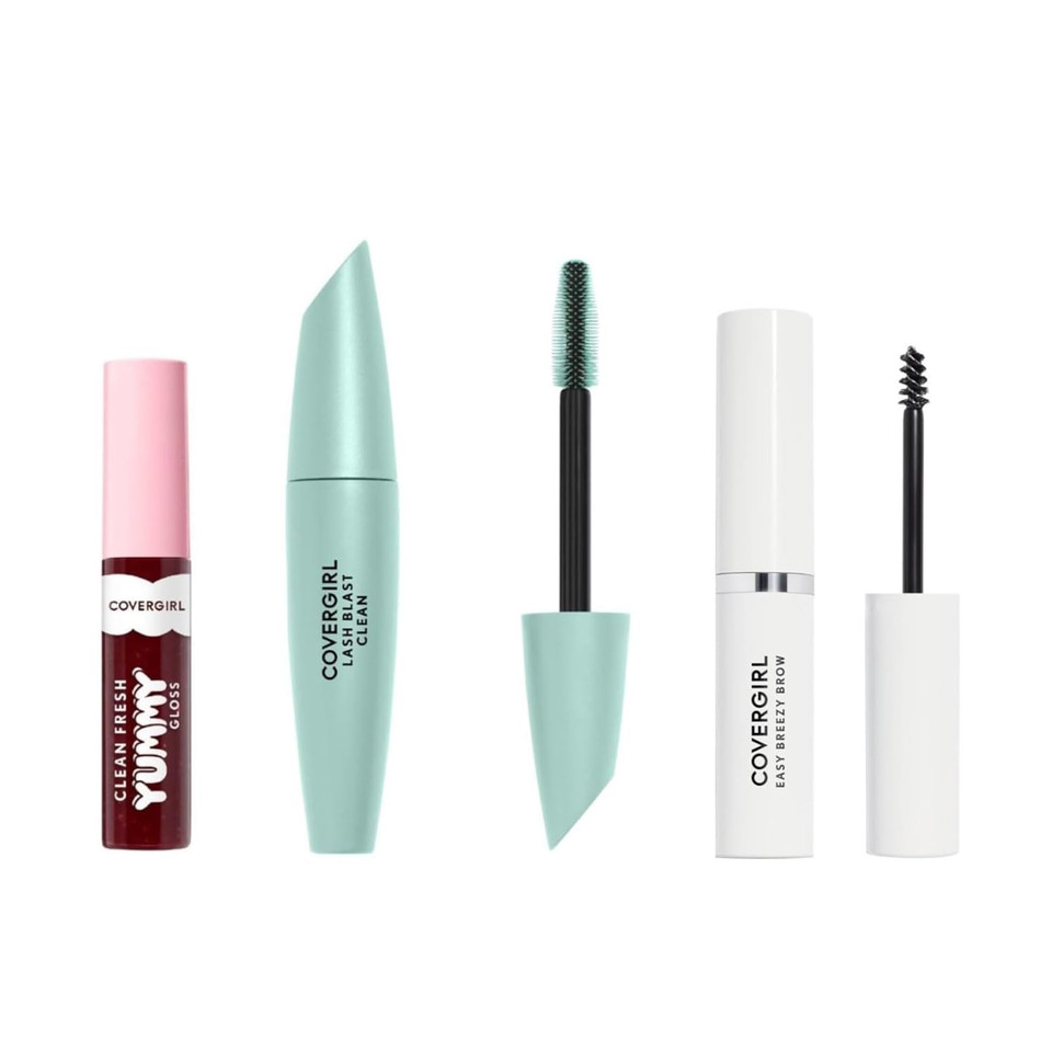 Covergirl Clean Fresh Yummy Gloss, Acai You Later & Lash Blast Clean Volume Mascara, Very Black & Easy Breezy Brow Setting Gel, Clear Bundleacai You Later & Lash Blast Clean Volume Mascara