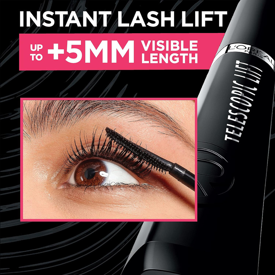L'Oreal Paris Telescopic Lift Mascara, Lengthening And Volumizing Eye Makeup, Lash Lift With Up To 36Hr Wear, Washable, Black, 0.33 Fl Ozwashable Black