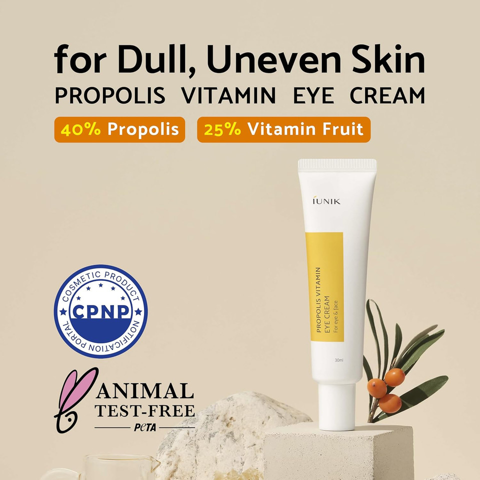 Iunik Propolis Vitamin C Face & Eye Cream With Vegetable Oil, Idebenone 1.01 Fl Oz Dullness Dark Circles Puffiness Smooths Under Eyes 24 Hour Hydration For Sensitive Oily Acne-Prone Skin Vegan