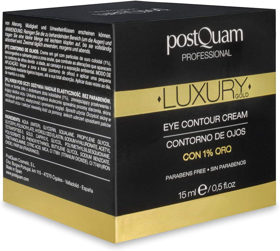 Postquam Professional Luxury Gold Eye Contour Cream 15Ml  Spanish Beauty - Hyaluronic Acid - Helps Minimize Wrinkles & Expression Lines - To Soothe The Eye Area - Active Ingredients
