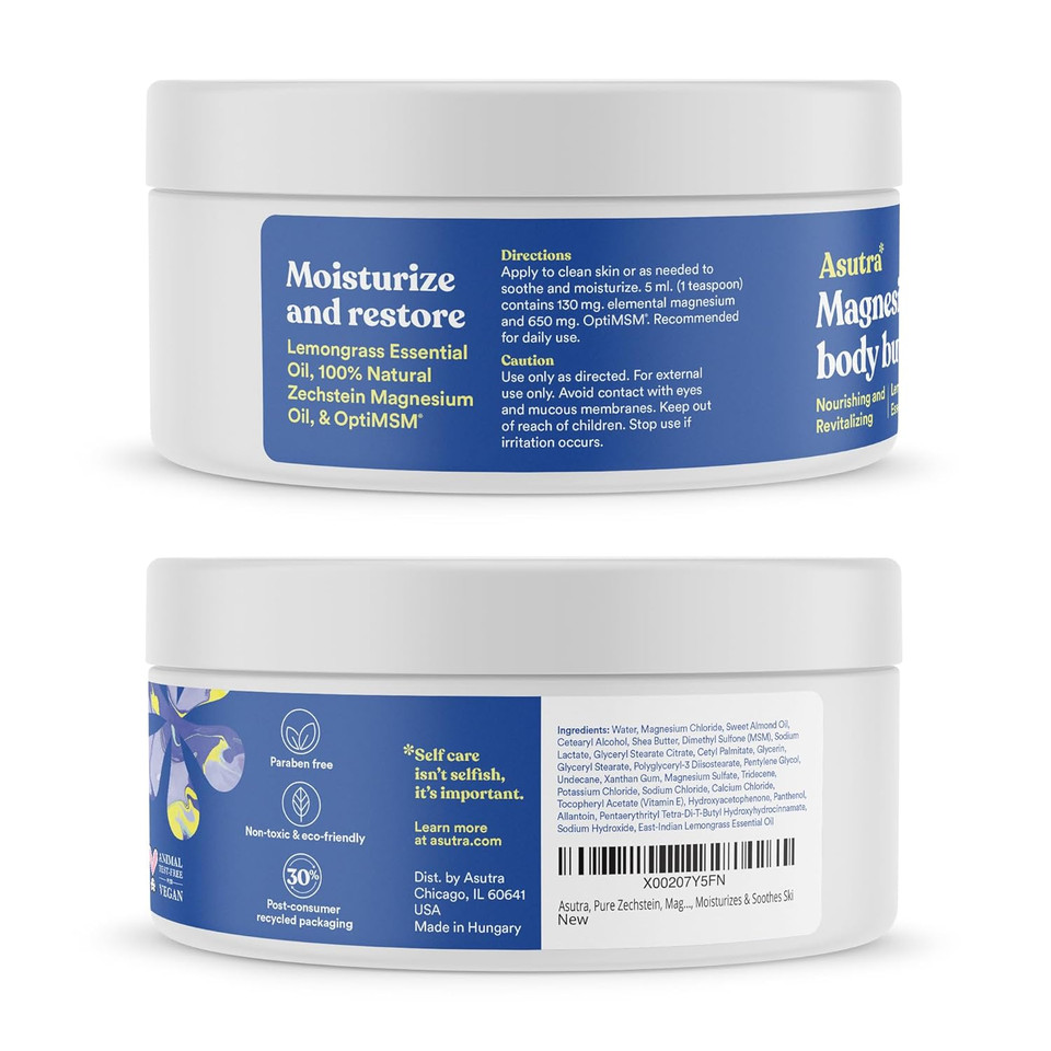 Asutra Magnesium Body Butter Lotion | Natural Soothing Shea Butter & Almond Oil Moisturizer | Premium-Quality Magnesium Oil, 6.76 Oz