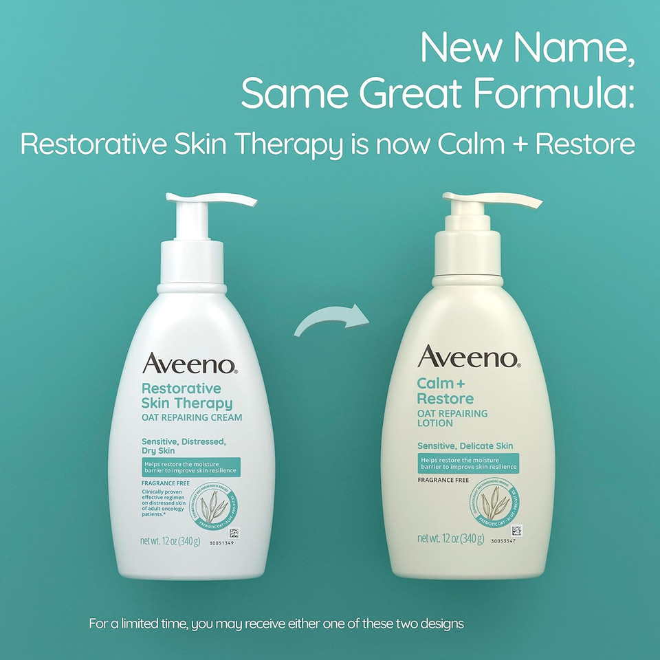 Aveeno Calm + Restore Oat Repairing Body Lotion For Sensitive Skin, Daily Moisturizer With Prebiotic Oat, Aloe & Pro-Vitamin B5 Helps Restore Skin'S Moisture Barrier, Fragrance Free, 12 Oz