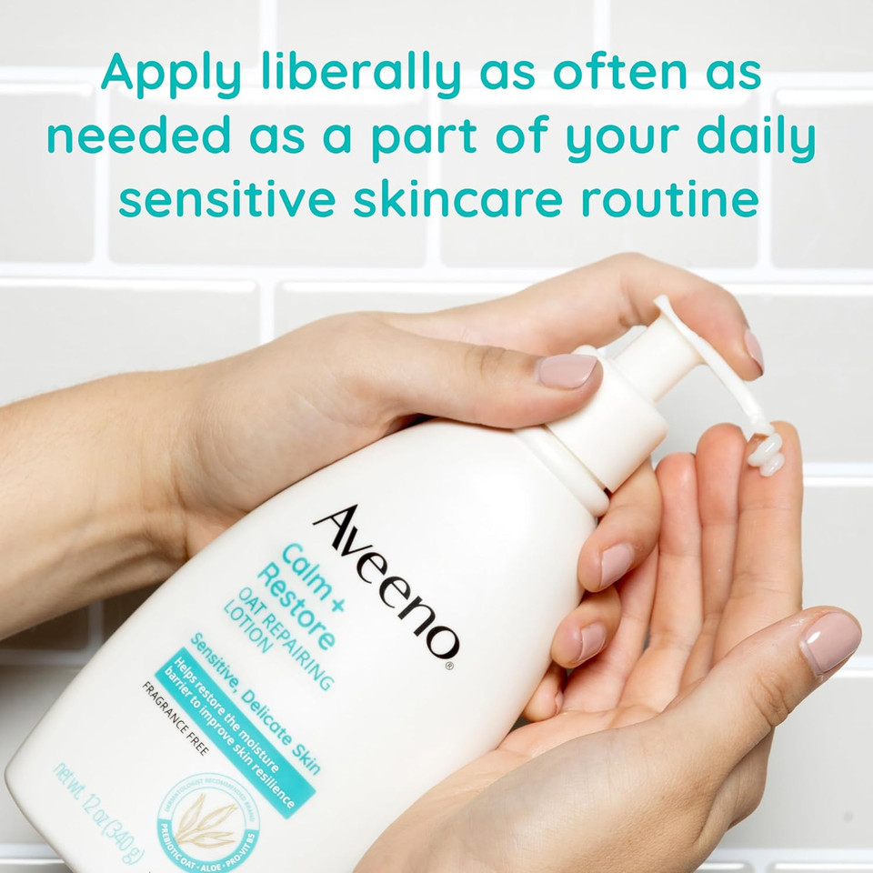 Aveeno Calm + Restore Oat Repairing Body Lotion For Sensitive Skin, Daily Moisturizer With Prebiotic Oat, Aloe & Pro-Vitamin B5 Helps Restore Skin'S Moisture Barrier, Fragrance Free, 12 Oz